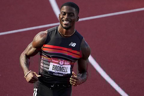In this June 19, 2021, file photo, Trayvon Bromell wins the second heat of the men's 100-meter run at the U.S. Olympic Track and Field Trials. (Photo | AP)