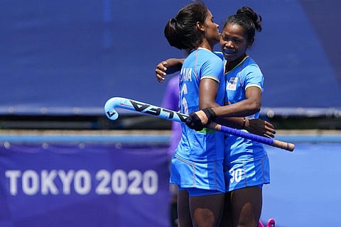 India midfield Salima Tete (30) celebrates after India forward Vandana Katariya, left, scored against South Africa during a women's field hockey match. (Photo | AP)