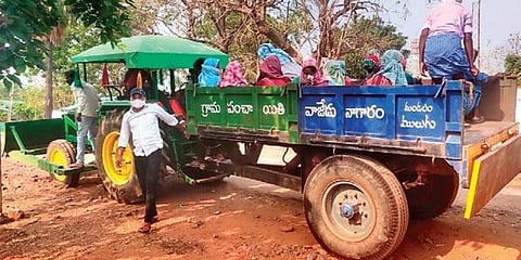 Tribals in Mulugu being transported to vaccination centres on tractors (Photo | Express)