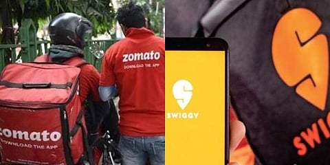 (L) Zomato logo and (R) Swiggy logo (Photos | PTI)