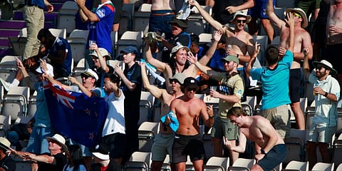 New Zealand supporters cheer for their team during the sixth day of the World Test Championship final at the Rose Bowl. (Photo | AP)
