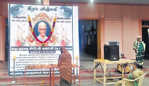 Public and family members paid homage to Father Stan Swamy at Seven Dolours Church in his native village of Virugallur near Tiruchy on Tuesday evening | Express