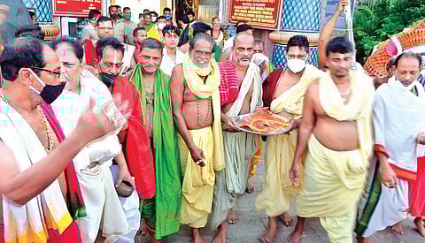 Daita servitors on way to the palace of Puri Gajapati on Tuesday | Express