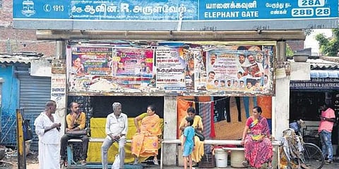 File photo of posters and banners at Elephant gate bus stop | R Satish Babu