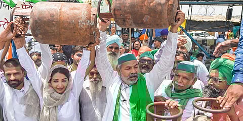BKU leader Rakesh Tikait and actress and model Sonia Mann carry LPG cylinders during a protest against fuel price hike, at their agitation site at Ghazipur border in New Delhi. (Photo| PTI)