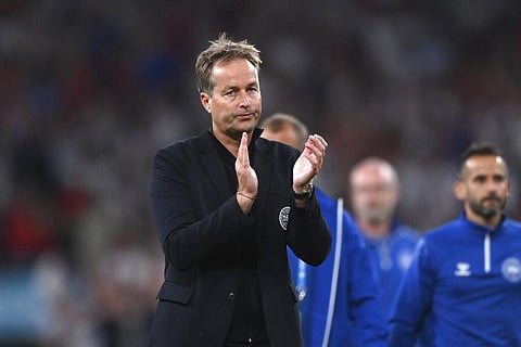 Denmark's managaer Kasper Hjulmand applauds fans at the end of the Euro 2020 soccer semifinal match between England and Denmark at Wembley stadium in London. (Photo | AP)