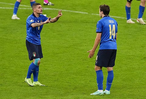 Italy's Federico Chiesa, right, gestures to teammate Marco Verratti during the Euro 2020 soccer championship semifinal between Italy and Spain at Wembley. (Photo | AP)