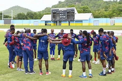 West Indies players take part in a training session two days ahead of the first T20I between Australia and West Indies at Darren Sammy Cricket Ground. (Photo | AFP)
