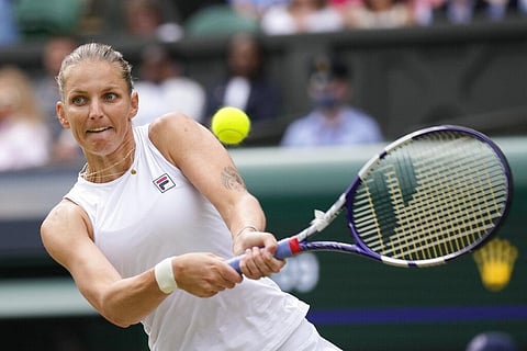 Czech Republic's Karolina Pliskova plays a return to Aryna Sabalenka of Belarus during the women's singles semifinals match on day ten of the Wimbledon Tennis Championships (Photo | AP)