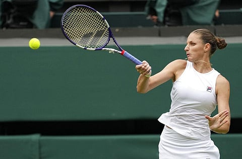 Czech Republic's Karolina Pliskova plays a return during the women's singles semifinals match against Aryna Sabalenka of Belarus on day ten of the Wimbledon. (Photo | AP)