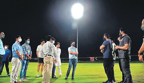 MP Gautam Gambhir inspects the Yamuna Sports Complex. (Photo | Express)