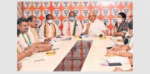 BJP general secretary BL Santosh at a meeting with the party’s Telangana unit. (Photo | Express)