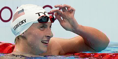 Katie Ledecky, of the United States, reacts after winning a heat of the women's 800-meter freestyle at the 2020 Summer Olympics in Tokyo, Japan. (Photo | AP)