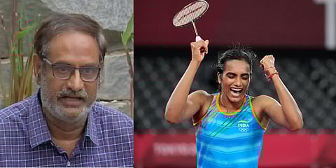 Ace shuttler PV Sindhu (R) and her father PV Ramana. (Photo| ANI and AP)
