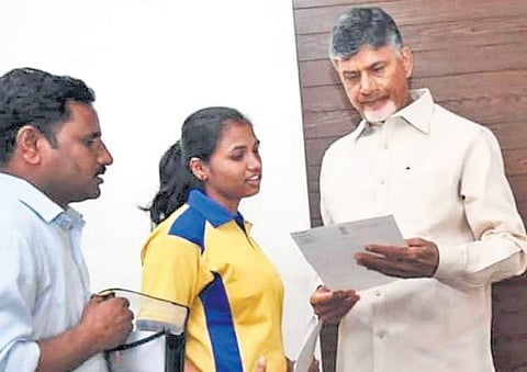 (Left) Kalyani and her father meet former CM N Chandrababau Naidu | Express