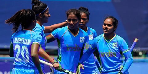 India forward Vandana Katariya, center, celebrates after scoring against South Africa at the Tokyo Olympics. (Photo | AP)