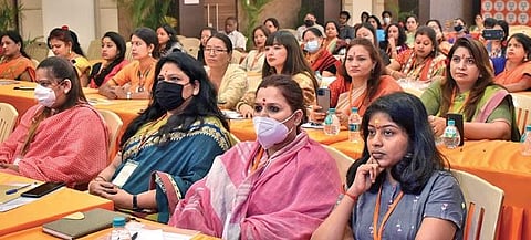 Members of BJP Mahila Morcha attend a workshop for the BJP’s media and social media in-charges, at the party’s office in Hyderabad on Saturday. (Photo | S Senbagapandiyan, EPS)