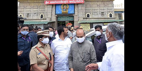 CM Basavaraj Bommai leaves after offering prayers at the Sri Chamundeshwari Temple atop Chamundi Hills in Mysuru on Monday | Udayshankar S