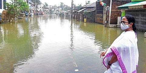 West Bengal Chief Minister Mamata Banerjee visits the flood affected areas of Ghatal, in Paschim Medinipur. (Photo | ANI)