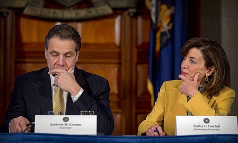 Lt. Gov. Kathy Hochul looks toward New York Gov. Andrew Cuomo during a cabinet meeting at the Capitol in Albany. (Photo | AP)