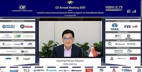 Singapore deputy PM Heng Swee Keat speaking at the annual meeting of Confederation of Indian Industry. (Photo | Twitter)