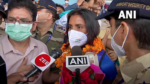 Vandana Katariya speaks to reporters after arriving at Dehradun.