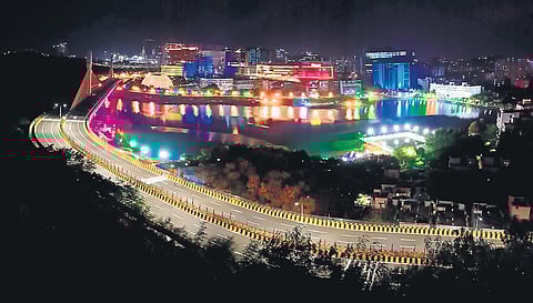 An aerial view of the cable-stayed bridge, constructed across Durgam Cheruvu in Madhapur. (Photo | EPS/RVK Rao)