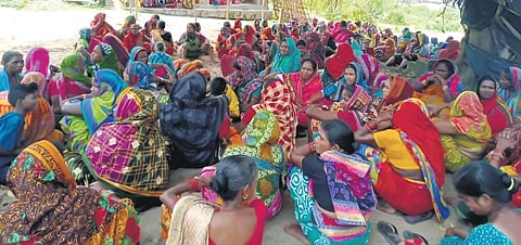 Women staging protest over declaration of Patana as new revenue village. (Photo | Express)
