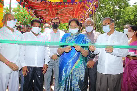 Andhra Pradesh minister Mekathoti Sucharitha inaugrates the indoor stadium at RVR & JC College of Engineering. (Photo| EPS)