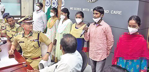 Surrendered Maoists interact with media at Police Headquarters in Magalagiri on Thursday in the presence of Andhra Pradesh DGP Gautam Sawang. (Photo I Express, P Ravindra Babu)