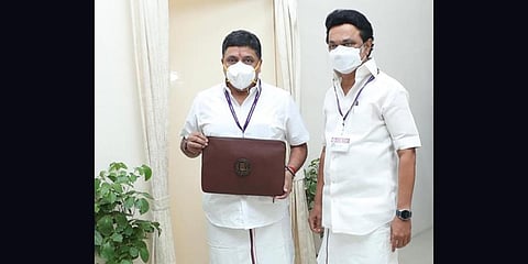 Finance Minister P T R Palanivel Thiaga Rajan with Chief Minister M K Stalin ahead of the budget presentation in Chennai. (Photo | Special Arrangement)