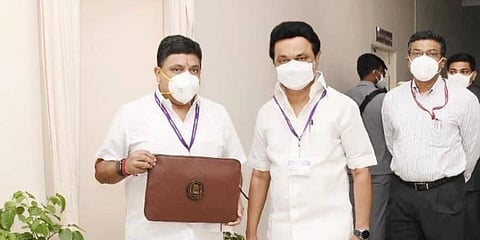 TN Finance Minister Palanivel Thiagarajan with CM Stalin MK before presenting the budget.