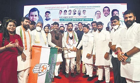 Raksha Ramaiah (third from right), flanked by Congress leaders Siddaramaiah, DK Shivakumar and others, after assuming charge as Karnataka Youth Congress chief, in Bengaluru on Friday | ashishkrishna