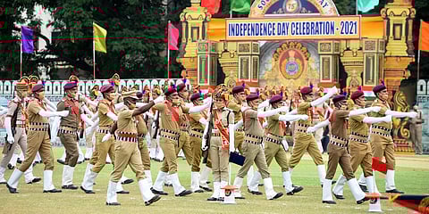 Ceremonial parade by RPF contingent on the eve of 75th Independence day Celebrations organised by Southern Railways, at Perambur Railway Stadium, in Chennai. (Photo| R Satish Babu, EPS)
