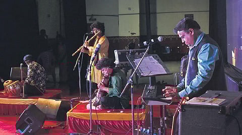 Bass guitarist Mohini Dey performing at Ravindra Bharathi in Hyderabad on Friday | S Senbagapandiyan