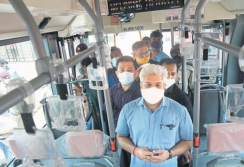 Transport Minister Kailash Gahlot after flagging off cluster buses at Rajghat bus depot in Delhi on Monday. (Photo | EPS/Shekhar Yadav)