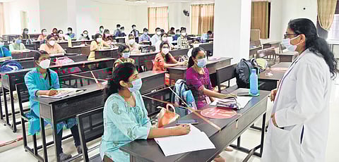 First year students attending their classes at Government Medical College Omandurar, on Monday | R Satish Babu