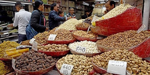 Nuts and dry fruits on display at Khari Baoli market in New Delhi. (Photo | Parveen Negi, EPS)