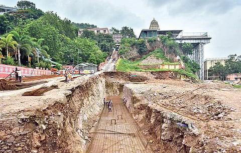 Construction works of permanent kitchen commenced at Kanaka Durga temple in the city on Wednesday. (Photo | Prasant Madugula)