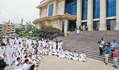 MLAs of Opposition parties staging a protest at Kalaivanar Arangam | R Satish Babu