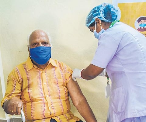 File photo of an elderly person being administered vaccine at Bhubaneswar
