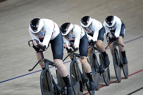 Team Germany competes during a qualifying heat for track cycling women's team pursuit at the 2020 Summer Olympics. (Photo | AP)