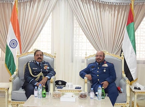 The IAF had said on Saturday that it and the UAE's Air Force have had significant professional interactions in the past few years. (Photo | Twitter/@IAF_MCC)