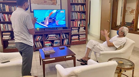 Chief Minister Naveen Patnaik claps after the Indian men’s hockey team defeated Great Britain to storm into the Olympics semi finals. (Photo| EPS)