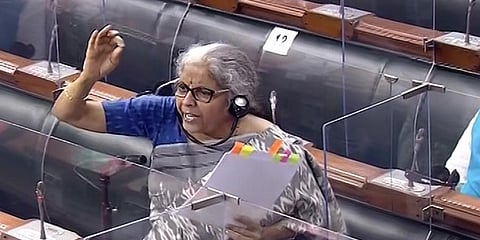 Union Finance Minister Nirmala Sitharaman speaks in the Lok Sabha during the Monsoon Session of Parliament, in New Delhi, Monday, August 2, 2021. (Photo | PTI)