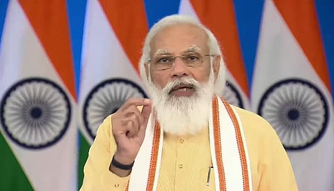 PM Modi inaugurated multiple projects in Gujarat's Somnath via video conferencing. (Photo | Twitter: @BJP4India)