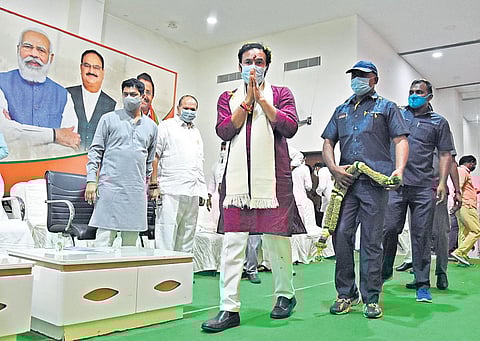 Union Minister for Tourism and Culture G Kishan Reddy during his visit to Vijayawada as part of Jana Asirwada Yatra on Thursday. (Photo I P Ravindra Babu)