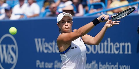 Ashleigh Barty returns a shot to Barbora Krejcikova during the Western & Southern Open tennis tournament. (Photo | AP)