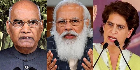 President of India Ram Nath Kovind, PM Narendra Modi and Congress leader Priyanka Gandhi. (File photo| PTI)