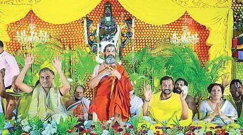 Tridandi Chinna Jeeyar Swamy, Minister T Harish Rao and MLA M Raghunandan Rao take part in consecration of Sri Venkateswara Swamy’s idol, in Dubbaka